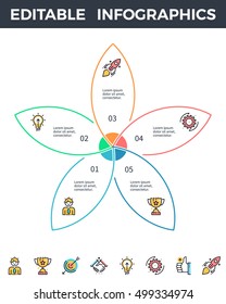 Business infographics. Infographic elements with 5 steps, sections. Editable line.