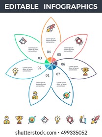 Business infographics. Infographic elements with 7 steps, sections. Editable line.