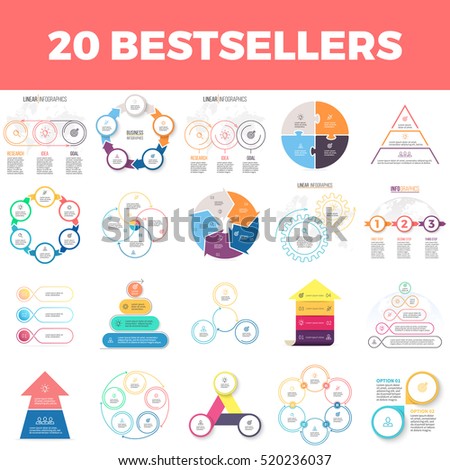 Business infographics. Infographic elements, circles, timelines, pyramids, arrows with 2, 3, 4, 5, 6 steps, options. Vector pie charts.