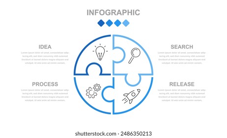 Business infographics. An infographic in the form of a puzzle consisting of 4 steps or options. A thin linear infographic with text template for a presentation or website. Chronology of processes