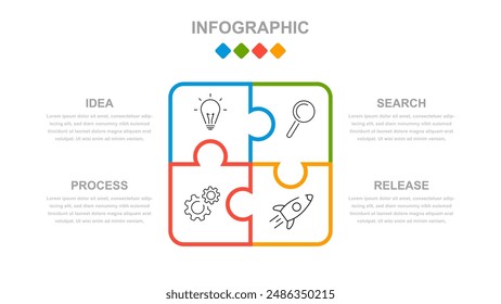 Business infographics. An infographic in the form of a puzzle consisting of 4 steps or options. A thin linear infographic with text template for a presentation or website. Chronology of processes