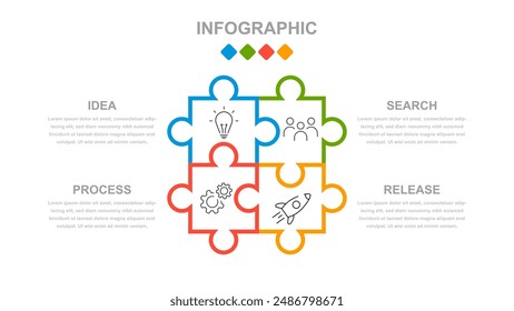 Business infographics. An infographic in the form of a puzzle consisting of 4 steps or options. A thin linear infographic with text template for a presentation or website. Chronology of processes