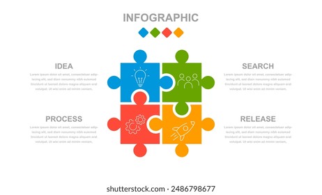 Infografías de negocios. Una infografía en forma de rompecabezas que consta de 4 pasos u opciones.  Infografías con Plantilla de texto para una presentación o Sitio web. Cronología de los procesos