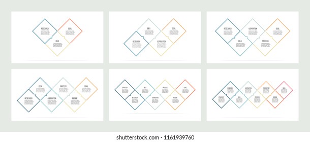 Business infographics. Informational tables with 3, 4, 5, 6, 7, 8 steps, squares, options. Vector template. Editable line.