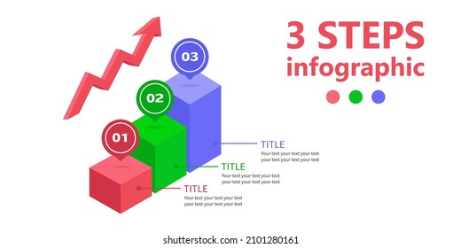 Business infographics. Ladder of progress, career growth, financial success, consisting of 3 steps, with an arrow tending upward. 3 D. Vector illustration.