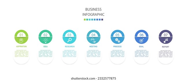 Business infographics line process with template with icons and 7 options or steps.infographics of business as aspiration,idea,research,meeting,process,goal,report.for infographics design template