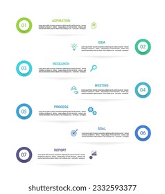 Business infographics line process with template with icons and 7 options or steps.infographics of business aspiration,idea,research,meeting,process,goal,report.for infographics design template