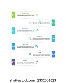 Business infographics line process with template with icons and 7 options or steps.infographics of business aspiration,idea,research,meeting,process,goal,report.for infographics design template