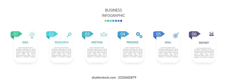Business infographics line process with template with icons and 6 options or steps.infographics of business,idea,research,meeting,process,goal,report.for infographics design template