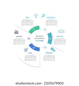 Business infographics line process with template with icons and 6 options or steps.infographics of business,idea,research,meeting,process,goal,report.for infographics design template