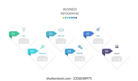 Business infographics line process with template with icons and 6 options or steps.infographics of business,idea,research,meeting,process,goal,report.for infographics design template