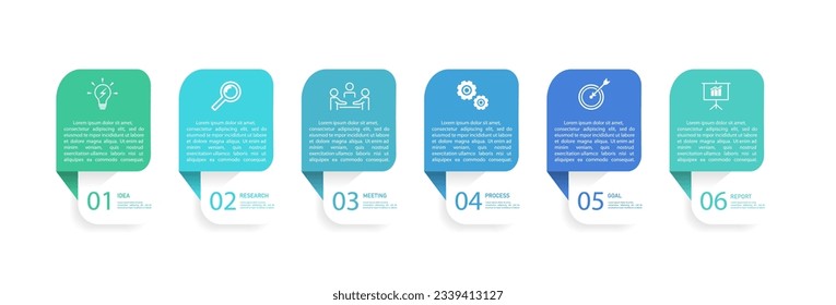 Business infographics line process with template with icons and 6 options or steps.infographics of business,idea,research,meeting,process,goal,report.for infographics design template