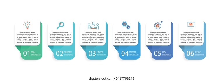 Business infographics line process with template with icons and 6 options or steps.infographics of business,idea,research,meeting,process,goal,report.for infographics design template