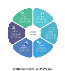 Proceso de línea de infografías de negocios con Plantilla con íconos y 6 opciones o pasos. infografías de negocios, idea, investigación, reunión, proceso, objetivo, informe. para Plantilla de diseño de infografías