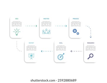 Business infographics line process with template with icons and 6 options or steps.infographics of business,idea,meeting,process,report.for infographics design template