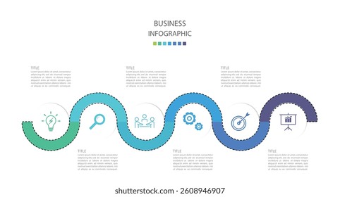 Business infographics line process with template with icons and 6 options or steps.infographics of business,idea,research,meeting,process,goal,report.for infographics design template