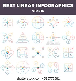 Business infographics. Linear infographic elements, circles, squares, pyramids, arrows with 4 steps, options, parts. Outline vector pie charts.