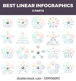 Business infographics. Linear infographic elements, circles, pentagons, pyramids, arrows with 5 steps, options, parts. Outline vector pie charts.