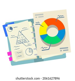 Business infographics on piece of paper. Open notepad. Pie graph in document. Statistics and data analysis. Information in notebook. Flat cartoon isolated on white