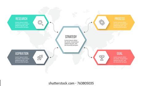 Business infographics. Organization chart with 4 options, hexagons. Vector template.