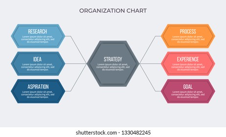 Business infographics. Organization chart with 6 options, hexagons, steps. Vector infographic element.