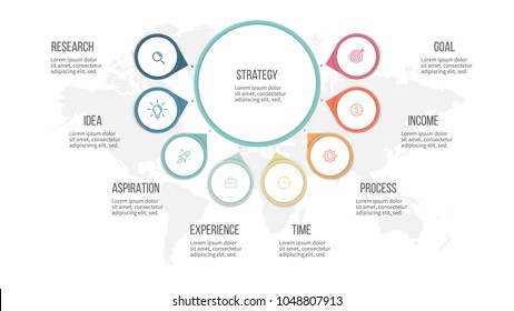 Business infographics. Organization chart with 8 options, circles. Vector template.