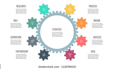 Business infographics. Organization chart with 8 options, gears. Vector template.