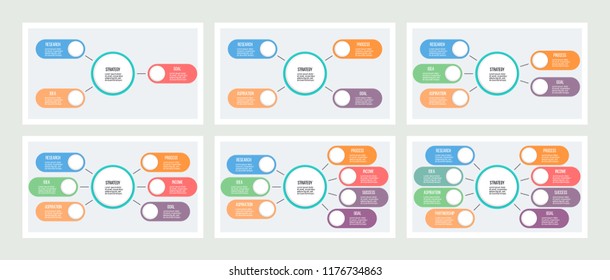 Business infographics. Organization charts with 3, 4, 5, 6, 7, 8 options. Vector presentation templates.