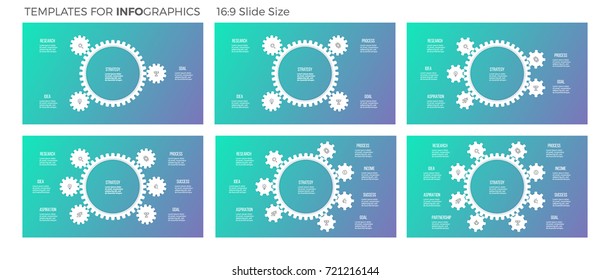 Business infographics. Organization charts with 3, 4, 5, 6, 7, 8 options, gears. Vector templates.