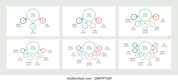 Business infographics. Organization charts, diagrams with 3, 4, 5, 6, 7, 8 steps, options. Vector templates.