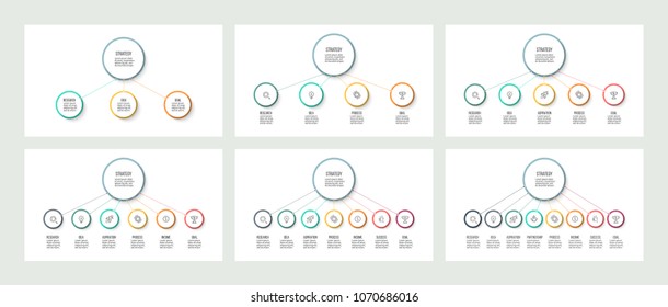 Business infographics. Organization charts, diagrams with 3, 4, 5, 6, 7, 8 steps, options. Vector templates. Editable line.