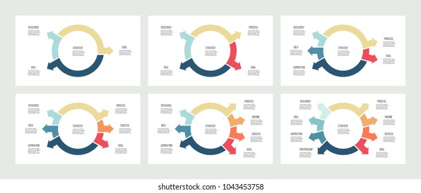 Business infographics. Organization, pie charts with 3, 4, 5, 6, 7, 8 options, arrows. Vector template.