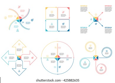 Business infographics. Outline charts, diagrams with 4 steps, options, parts, processes. Vector design templates.