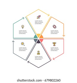 Business infographics. Outline hexagon with 6 steps, parts. Vector pie chart.