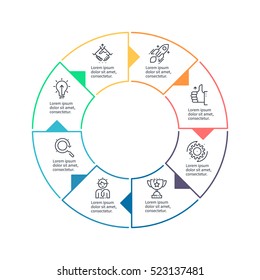 Business infographics. Outline infographic element with 8 steps, sections, arrows. Vector pie chart.