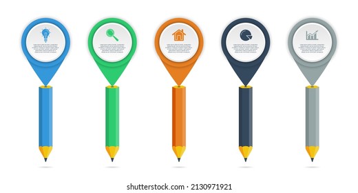 Business infographics pencil template with 5 steps or options. Can be used for presentations, banner or web design. Education vector illustration.