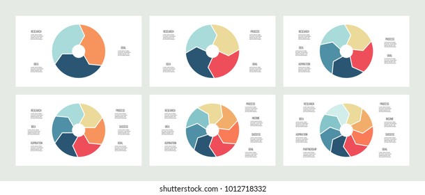 Business infographics. Pie chart, graph with 3, 4, 5, 6, 7, 8 options, arrows. Vector circular diagram.