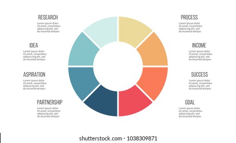 Business infographics. Pie chart, graph with 8 options, steps. Vector circular diagram.