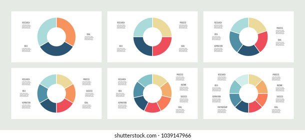 Business infographics. Pie chart, graph with 3, 4, 5, 6, 7, 8 options, steps. Vector circular diagram.