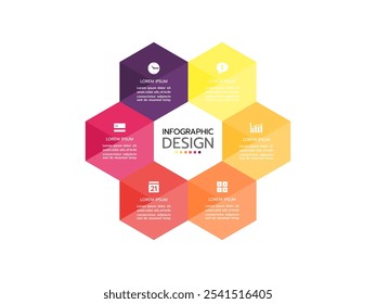 Business infographics. Pie chart, graph with 6 options and icons. Vector circular diagram.