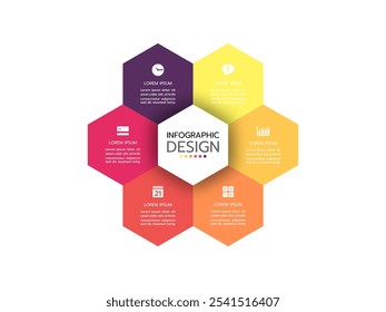 Business infographics. Pie chart, graph with 6 options and icons. Vector circular diagram.