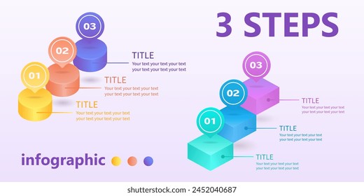 Infografiken für Unternehmen. Positive Wachstumstreppen von 3 Stufen aus Zylindern und Würfeln. 3 D. Vektorillustration.