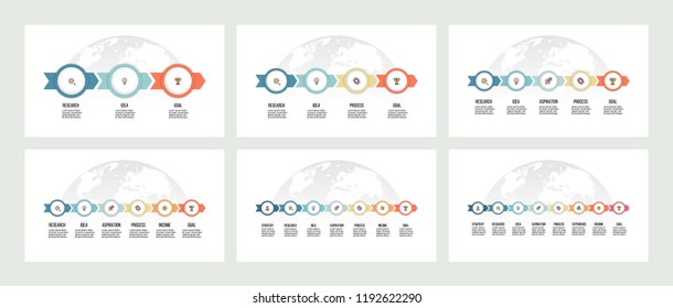 Business infographics. Presentation with 3, 4, 5, 6, 7, 8 steps, options, arrows. Vector template.