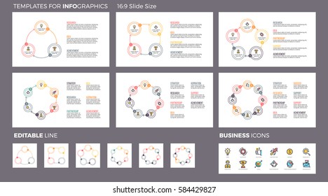 Business infographics. Presentation with 3, 4, 5, 6, 7, 8 steps, options, sections. Editable line, vector pie charts.