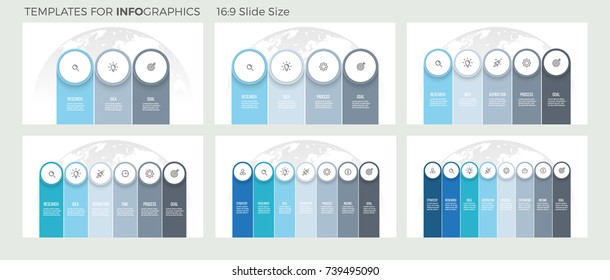 Business infographics. Presentation with 3, 4, 5, 6, 7, 8 steps, columns, options. Vector template.