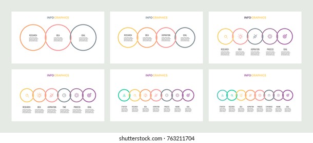 Business infographics. Presentation with 3, 4, 5, 6, 7, 8 circles. Vector template.