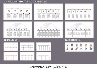 Business infographics. Presentation with 4, 5, 6, 7, 8, 9 steps, sections. Editable line.