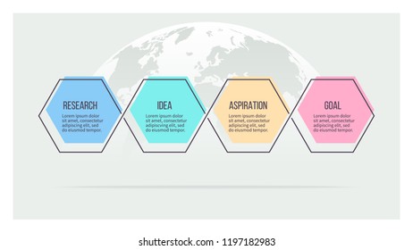 Business infographics. Presentation with 4 steps, options, hexagons. Vector template.