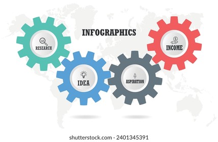 infografías de negocios. Presentación con 4 pasos, opciones y engranajes. Plantilla de vectores.