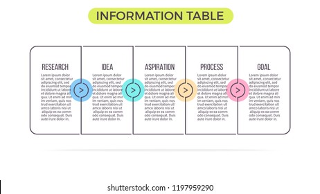 Business infographics. Presentation with 5 columns, options, steps. Vector template. Editable line.